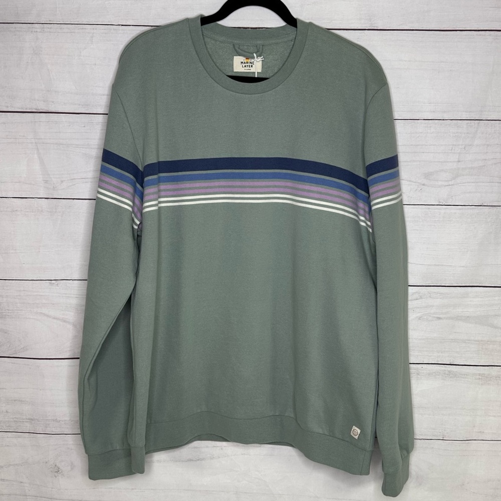 NWT Marine Layer Men's Silt Green Chest Striped Fleece Crewneck Sweater Size XL - Picture 2 of 6